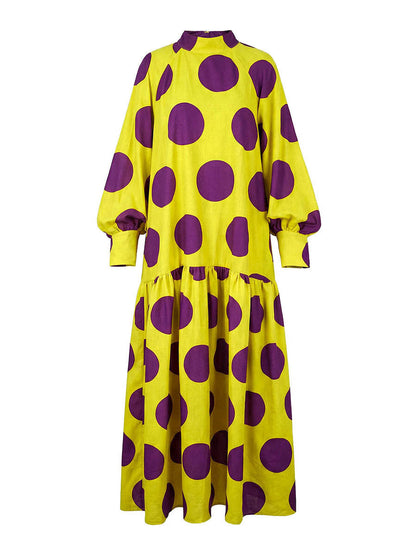 Long Sleeves Loose Big Hemline Contrast Color Pleated Polka Dot Split-Joint Half Turtleneck Maxi Dresses