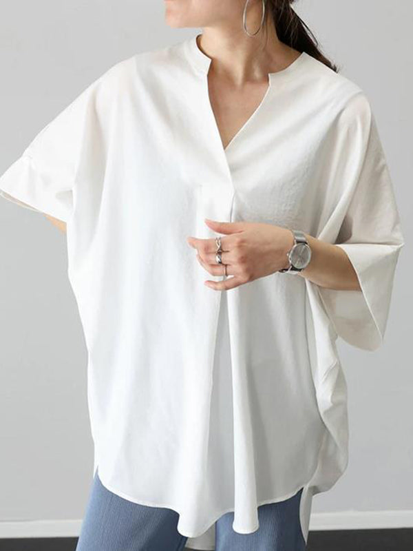 Half Sleeves High-Low Pleated Solid Color Split-Joint V-Neck Blouses&Shirts Tops