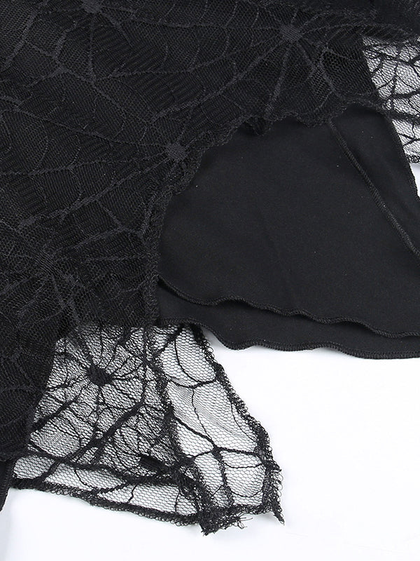 Halloween Gauze Solid Color Split-Joint Spaghetti-Neck Mini Dresses