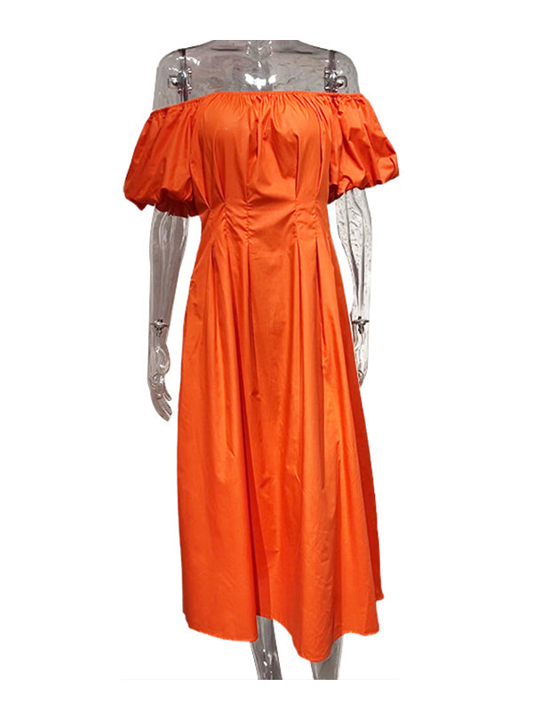 Loose Puff Sleeves Elasticity Pleated Solid Color Split-Joint Off-The-Shoulder Midi Dresses