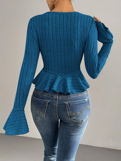 Flared Sleeves Long Sleeves Buttoned Ruffled Solid Color Split-Joint Deep V-Neck T-Shirts Tops