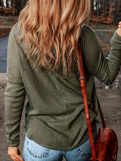 Long Sleeves Loose Solid Color Split-Joint V-Neck T-Shirts