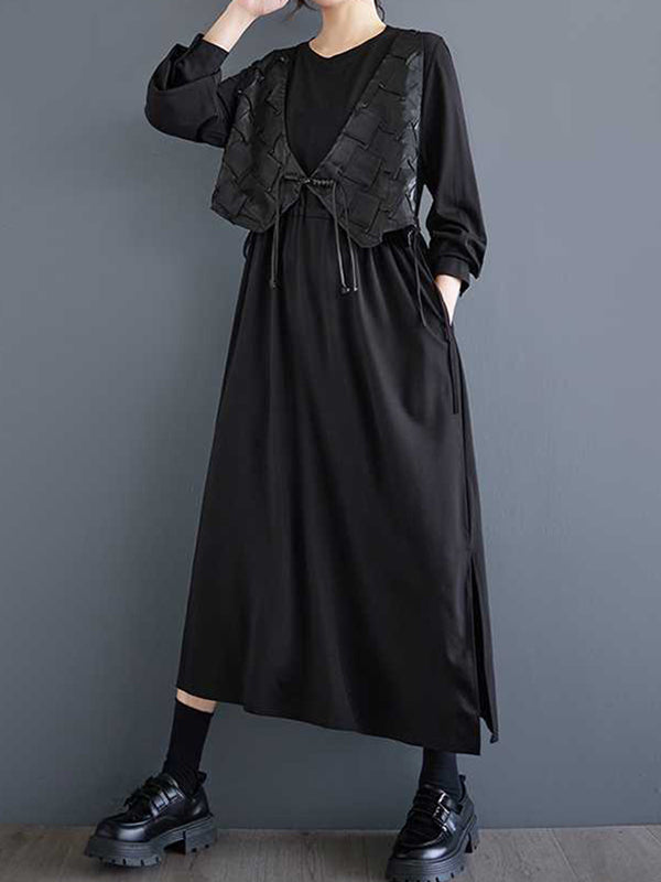 A-Line False Two Drawstring Solid Color Split-Joint Split-Side Round-Neck Midi Dresses