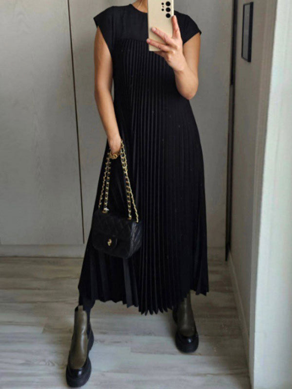 A-Line High Waisted Pleated Pockets Solid Color Split-Joint Round-Neck Maxi Dresses