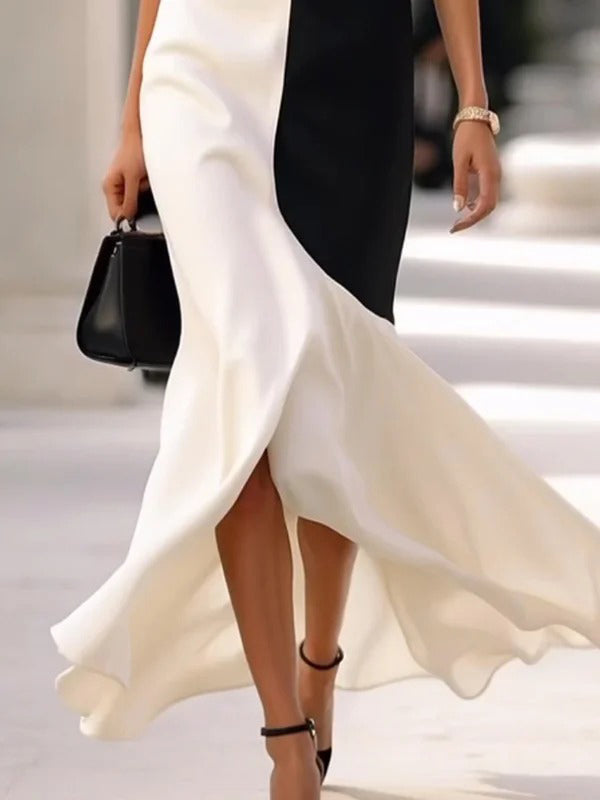 Loose Mermaid Contrast Color Split-Joint Halter-Neck Maxi Dresses
