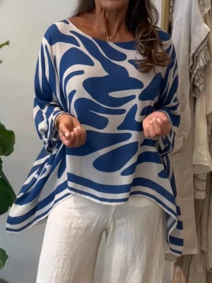 High-Low Irregularity Contrast Color Printed Round-Neck Blouses&Shirts Tops
