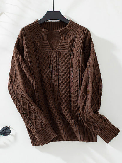 Long Sleeves Loose Solid Color Split-Joint V-Neck Pullovers Sweater Tops