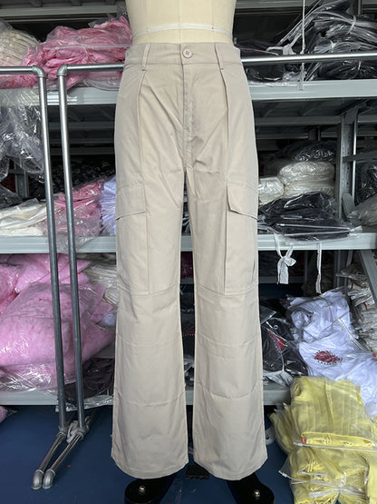 Loose Wide Leg Buttoned Pockets Solid Color Split-Joint Pants Trousers