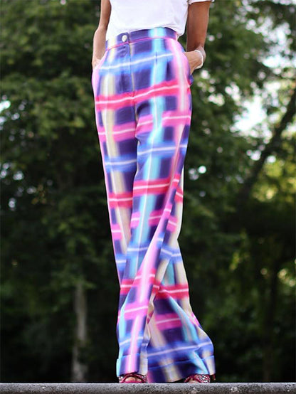 Loose Contrast Color Plaid Casual Pants Bottoms