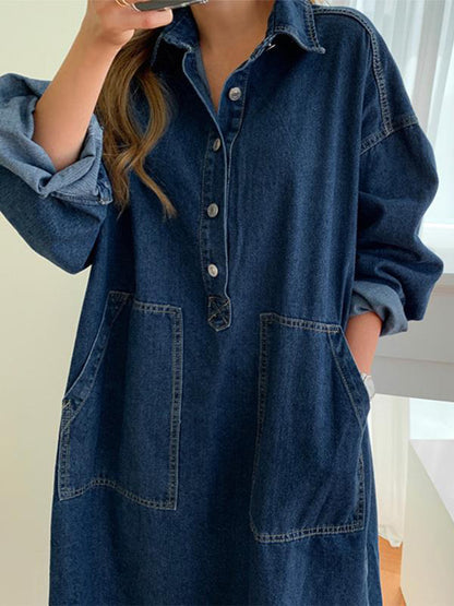 Long Sleeves Loose Buttoned Pockets Solid Color Split-Joint Split-Side Lapel Maxi Dresses Shirt Dress