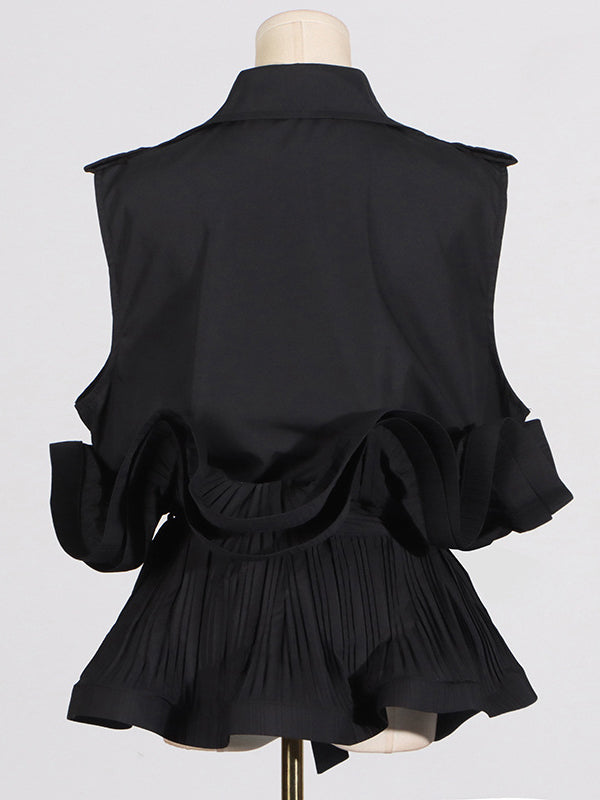 Loose Sleeveless Buttoned Pleated Ruffled Solid Color Tied Waist Notched Collar Blouses&Shirts Tops