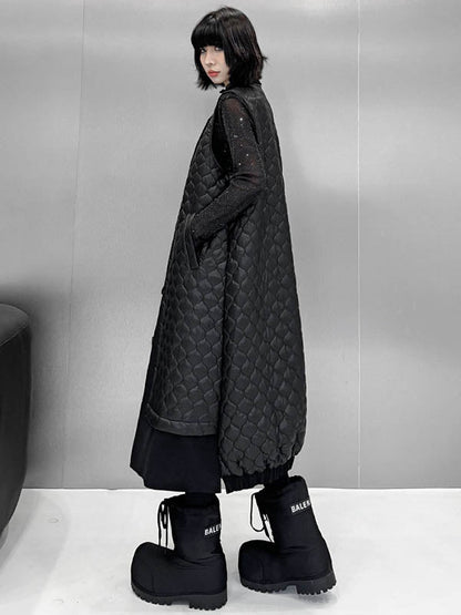 Loose Sleeveless Buttoned Plaid Pockets Solid Color Split-Joint Notched Collar Outerwear Padded Vest