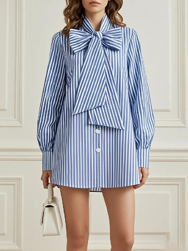 Balloon Sleeves Long Sleeves Buttoned Striped Bow Collar Blouses