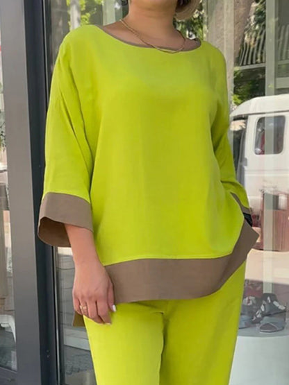 Loose Contrast Color Three-Quarter Sleeves Split-Side Round-Neck Shirts Top + Pants Bottom Two Pieces Set