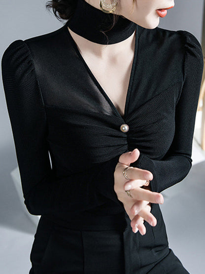Long Sleeves Skinny Mesh Pleated Solid Color V-Neck T-Shirts Tops