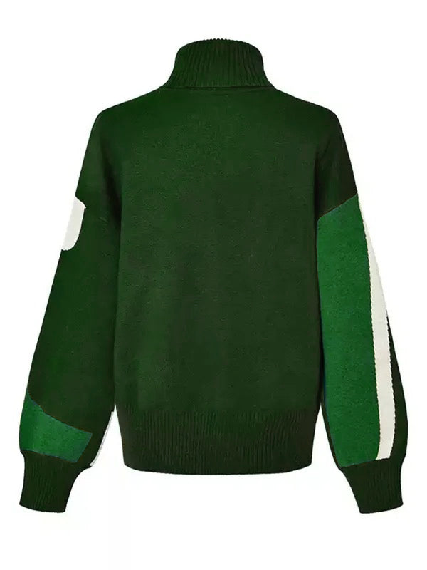 Long Sleeves Loose Contrast Color Split-Joint High Neck Pullovers Sweater Tops