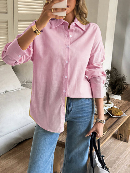 Long Sleeves Loose Buttoned Solid Color Lapel Blouses&Shirts Tops
