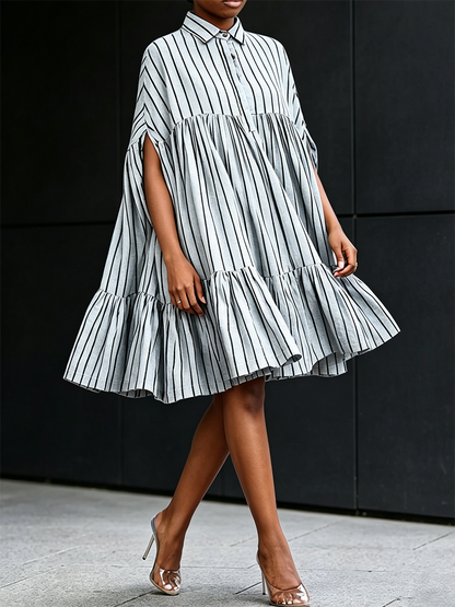 A-Line Batwing Sleeves Buttoned Contrast Color Pleated Ruffle Trim Split-Joint Striped Lapel Midi Dresses