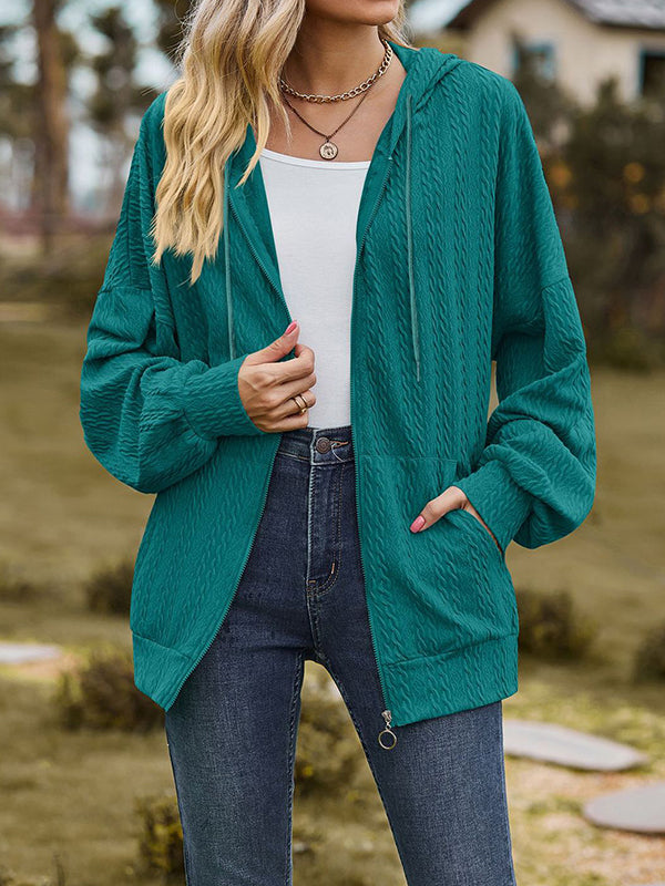 Long Sleeves Loose Drawstring Hooded Pockets Solid Color Zipper V-Neck Outerwear