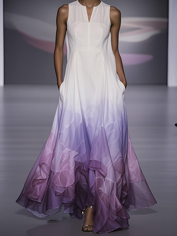 A-Line Loose Floral Printed Gradient Split-Joint V-Neck Maxi Dresses