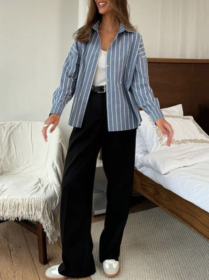 Long Sleeves Loose Buttoned Contrast Color Split-Joint Striped Lapel Blouses&Shirts Tops