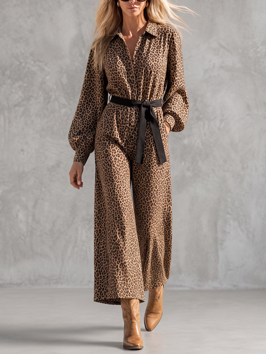 Tied Waist Pockets Leopard Buttoned Wide Leg Loose Lapel Jumpsuits