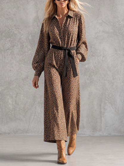 Tied Waist Pockets Leopard Buttoned Wide Leg Loose Lapel Jumpsuits