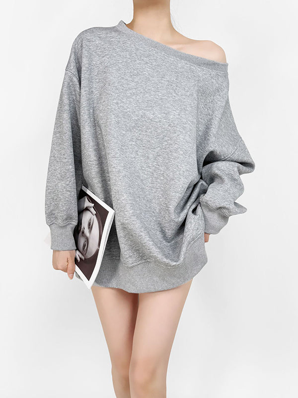 Long Sleeves Loose Solid Color Split-Joint Round-Neck Sweatshirt Tops