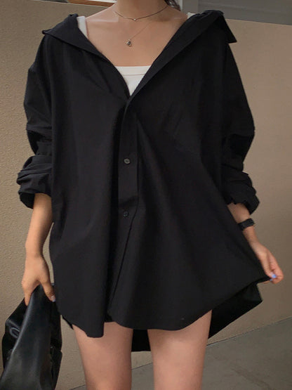 Long Sleeves Loose Buttoned Pockets Solid Color Lapel Blouses&Shirts Tops