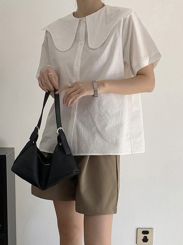 Loose Short Sleeves Solid Color Split-Joint Peter Pan Collar Blouses&Shirts Tops