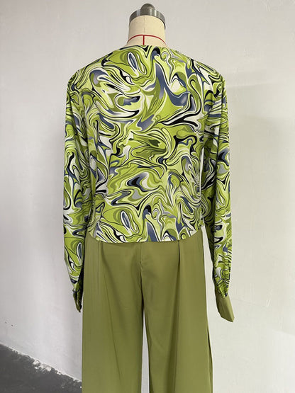 Long Sleeves Printed Heaps Collar Shirts Top + High Waisted Pants Bottom Two Pieces Set