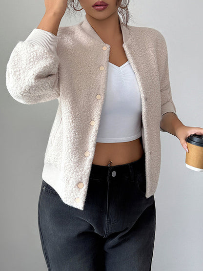 Long Sleeves Buttoned Elasticity Pockets Solid Color Collarless Jackets&Coats