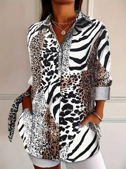 Leopard Contrast Color Buttoned Animal Printed Plus Size Loose Lapel Blouses&shirts Tops