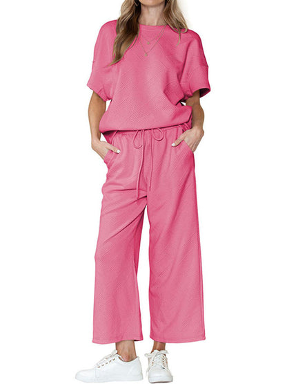 Loose Short Sleeves Solid Color Round-Neck T-Shirt Top + Drawstring Elasticity Pockets Pants Botttom Two Pieces Set