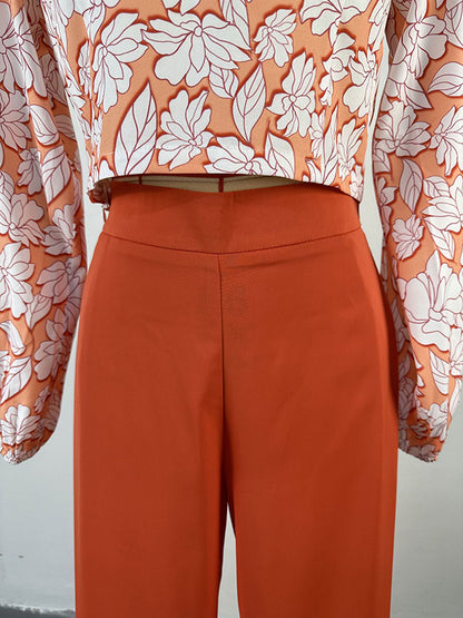 Long Sleeves Flower Print Hollow Mock Neck Shirts Top + High Waisted Pants Bottom Two Pieces Set