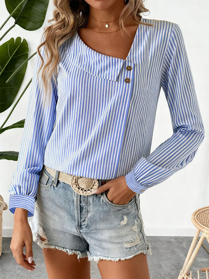 Long Sleeves Buttoned Split-Joint Striped Asymmetric Collar Blouses&Shirts Tops