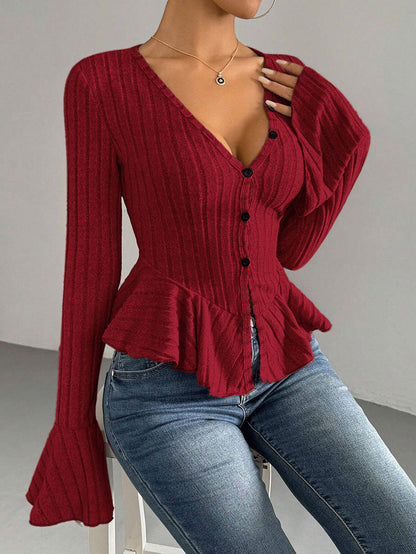 Flared Sleeves Long Sleeves Buttoned Ruffled Solid Color Split-Joint Deep V-Neck T-Shirts Tops