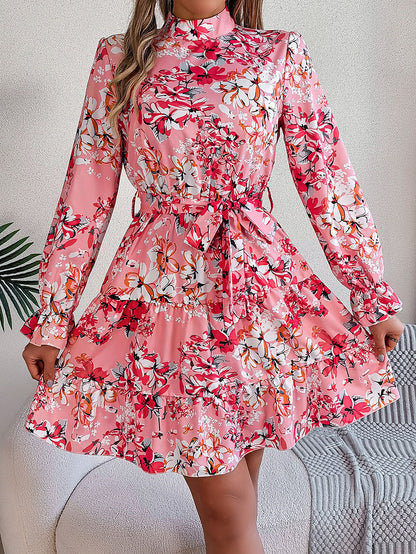 A-Line High Waisted Elasticity Flower Print Pleated Tied Waist Stand Collar Mini Dresses