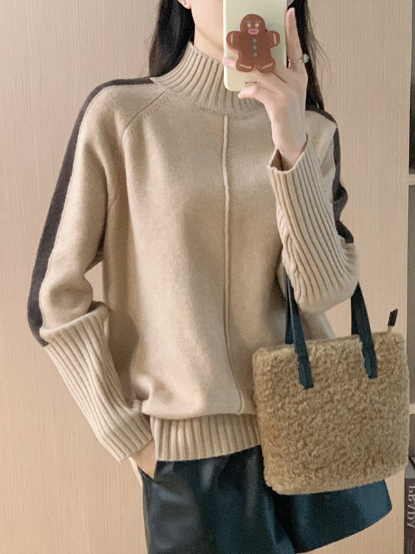 High-Low Long Sleeves Contrast Color Split-Joint Split-Side High Neck Pullovers Sweater Tops