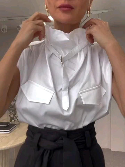Loose Sleeveless Buckle Solid Color Stand Collar Blouses&Shirts Tops