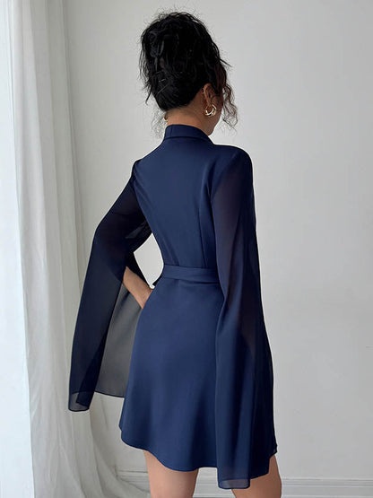 A-Line Elasticated Waist Interlace See-Through Solid Color Split-Joint Split-Side Tied Waist V-Neck Mini Dresses