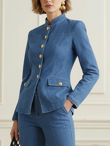 Long Sleeves Buttoned Pockets Solid Color Stand Collar Outerwear