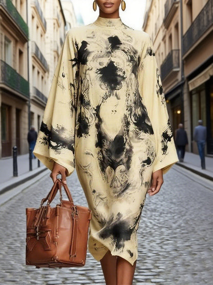 Long Sleeves Loose Contrast Color Printed Mock Neck Midi Dresses