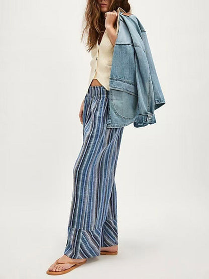 Elasticated Waist High Waisted Contrast Color Printed Split-Joint Striped Pants