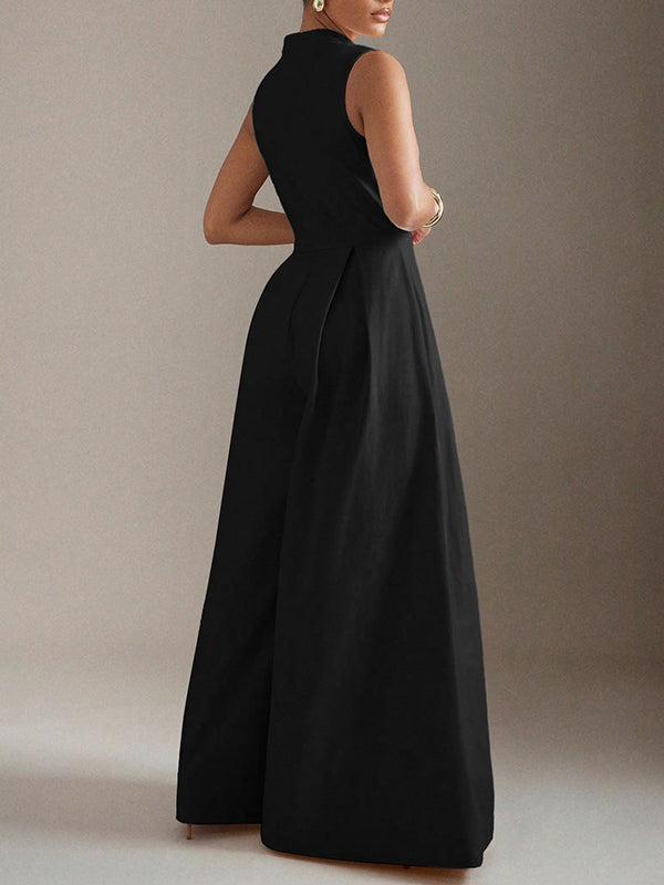 Sleeveless Wide Leg Pleated Solid Color Split-Joint Zipper Round-Neck Jumpsuits