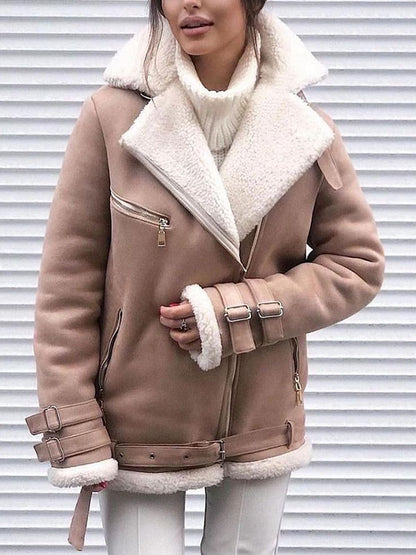 Long Sleeves Loose Buckle Keep Warm Pockets Split-Joint Velvet Zipper Notched Collar Outerwear