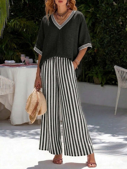 Half Sleeves Loose Contrast Color Pockets Striped V-Neck Blouses Top + Pants Bottom Two Pieces Set