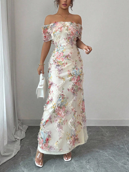 Bodycon Contrast Color Flower Print Ruffle Trim Split-Joint Off-The-Shoulder Midi Dresses