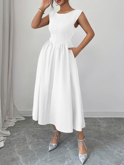 A-Line High Waisted Backless Pleated Pockets Solid Color Boat Neck Midi Dresses