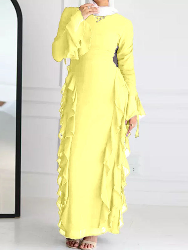Long Sleeves Loose Falbala Solid Color Round-Neck Maxi Dresses